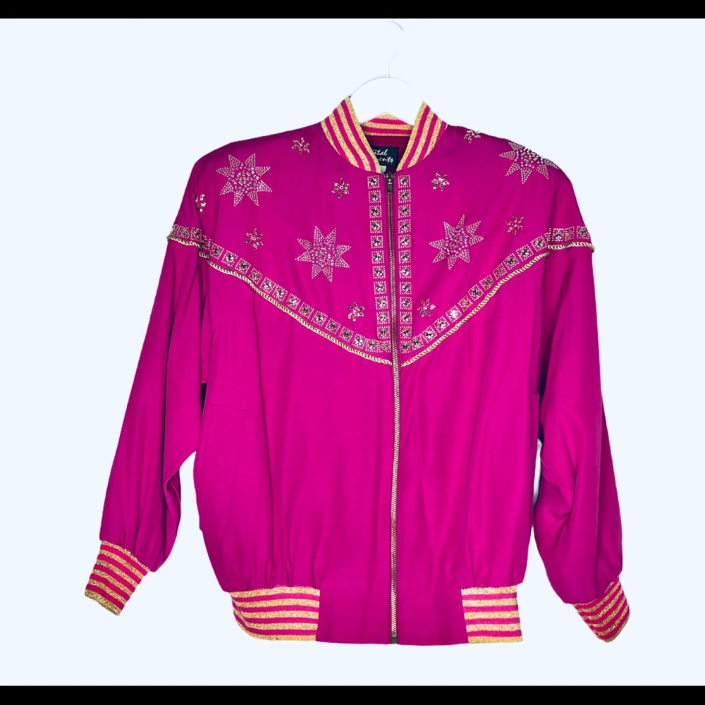 Embroidered Pink Bomber Jacket Glamorous Studded Metallic